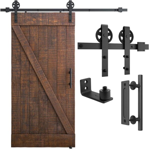 SMARTSTANDARD 6.6ft Heavy Duty Sliding Barn Door Hardware Kit, Black, (Whole Set Includes 1x Pull Handle Set & 1x Floor Guide) Fit 36"-40" Wide Door Panel (Big Industrial Wheel Hangers) 1