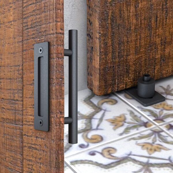 SMARTSTANDARD 6.6ft Heavy Duty Sliding Barn Door Hardware Kit, Black, (Whole Set Includes 1x Pull Handle Set & 1x Floor Guide) Fit 36"-40" Wide Door Panel (Big Industrial Wheel Hangers) 4