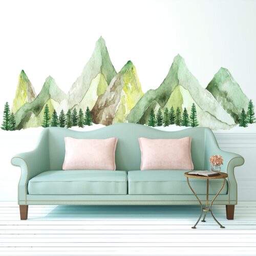 WF4937MAX_1 Large Mountain Wall Decals, Green Pine Tree Peel and Stick Vinyl Wall Stickers & Murals, Removable Home Room Wall Decor for Bedroom Living Room Bedroom Classroom Office Nursery