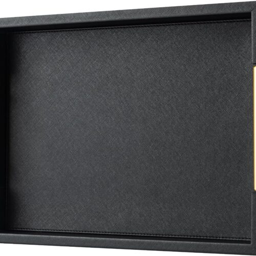 WF5229MAX_1 Black Rectangle Serving Tray with Gold Handles for Party,Large Wood Decorative Tray for Ottoman,Faux Leather Coffee Table Tray Decor