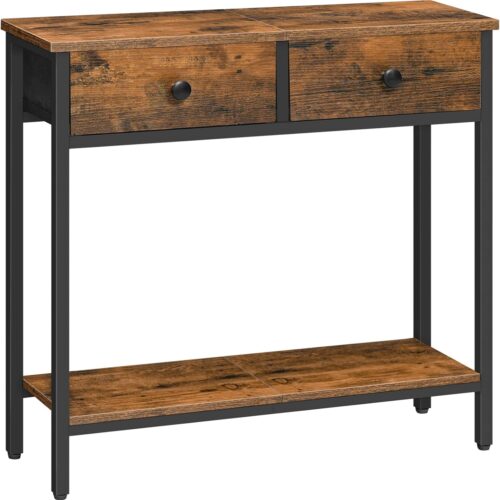 WF5694MAX_1 HOOBRO 29.5" Narrow Console Table with 2 Fabric Drawers, Small Entryway Table with 2-Tier Storage Shelves, Sofa Table, Behind Couch Table, for Living Room, Hallway, Rustic Brown and Black BF71XG01