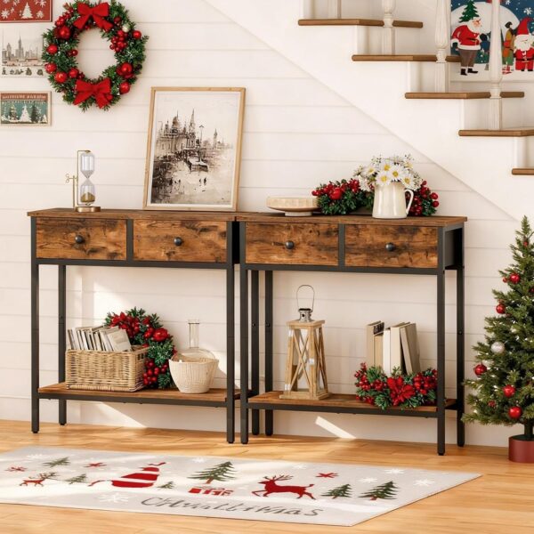 HOOBRO 29.5" Narrow Console Table with 2 Fabric Drawers, Small Entryway Table with 2-Tier Storage Shelves, Sofa Table, Behind Couch Table, for Living Room, Hallway, Rustic Brown and Black BF71XG01 2