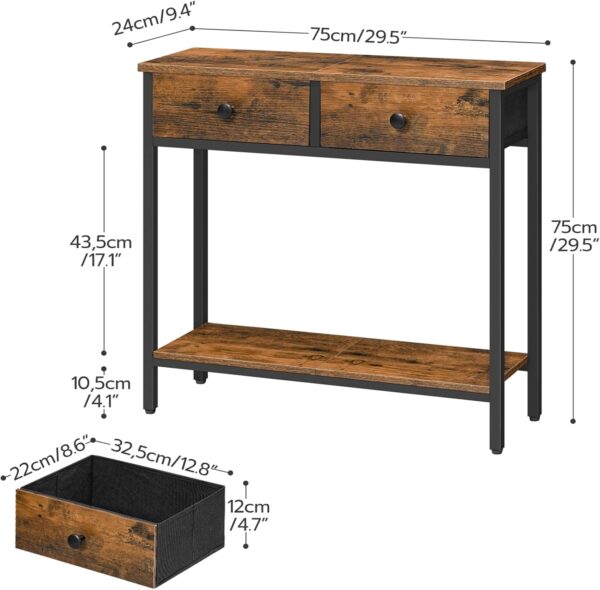 HOOBRO 29.5" Narrow Console Table with 2 Fabric Drawers, Small Entryway Table with 2-Tier Storage Shelves, Sofa Table, Behind Couch Table, for Living Room, Hallway, Rustic Brown and Black BF71XG01 3