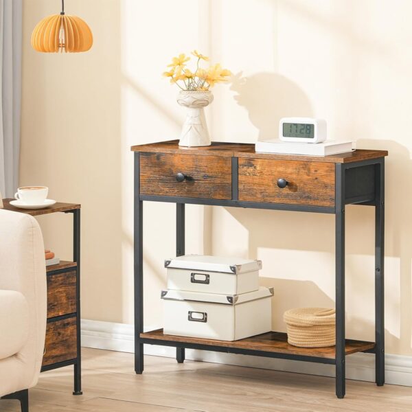 HOOBRO 29.5" Narrow Console Table with 2 Fabric Drawers, Small Entryway Table with 2-Tier Storage Shelves, Sofa Table, Behind Couch Table, for Living Room, Hallway, Rustic Brown and Black BF71XG01 4