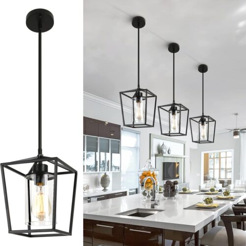 WF5939MAX_1 Black Pendant Lights Kitchen Island, 1-Light Farmhouse Kitchen Pendant Lighting Over Island, Metal Cage Island Hanging Lights for Kitchen, Dining Room, Entryway, Hallway, Foyer