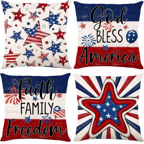 Patriotic Pillow Covers 18x18 Set of 4, 4th of July Red White Blue American Flag Stars Stripes Throw Cushion Cases for Independence Day Outdoor Sofa Couch Porch Decor
