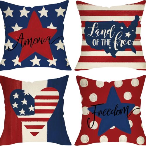 WF6580MAX_1 4th of July Patriotic American Flag Stars and Stripes Decorative Throw Pillow Cover 20 x 20 Set of 4, America Land of The Free Porch Outdoor Home Decor Freedom USA Polka Dots Cushion Case