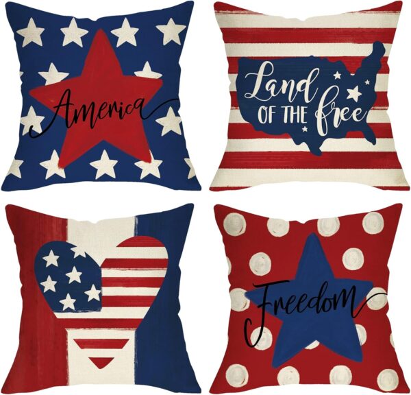 4th of July Patriotic American Flag Stars and Stripes Decorative Throw Pillow Cover 20 x 20 Set of 4, America Land of The Free Porch Outdoor Home Decor Freedom USA Polka Dots Cushion Case 1