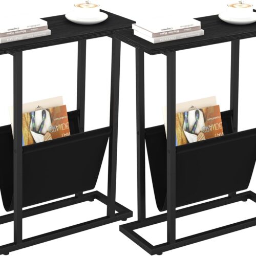 Yusong Narrow Side Table for Small Spaces, Small End Table Set of 2 with Magazine Holder, Skinny Slim Little Thin Table for Living Room, Bedroom, Sofa, Black Oak
