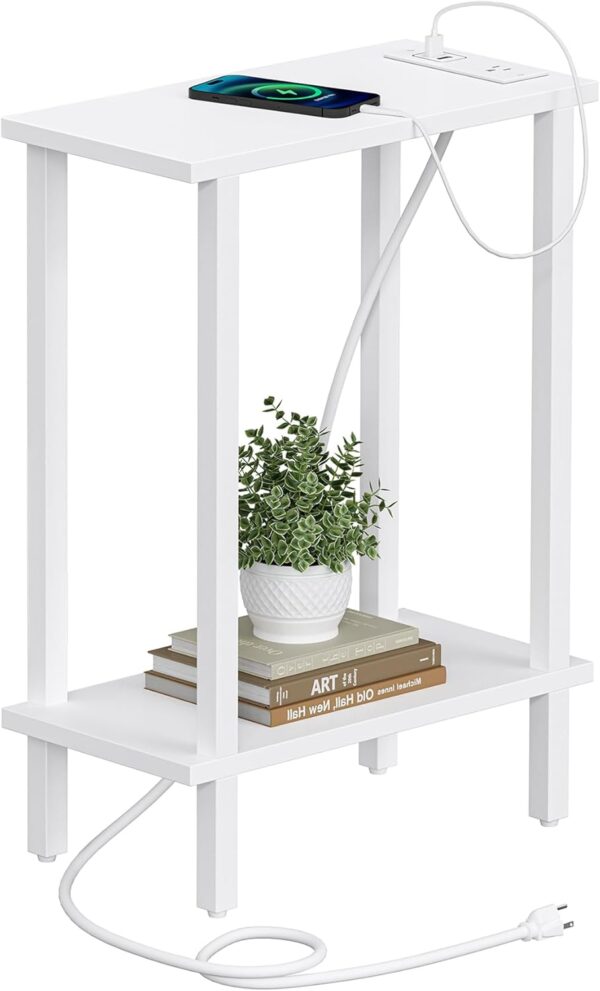 TUTOTAK Small End Table with Charging Station, Narrow Side Table with USB Ports and Outlets, Skinny Sofa Table, Slim Nightstand, Living Room, Bed Room, White TB01BW060 1