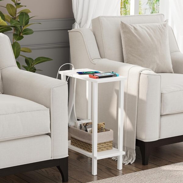 TUTOTAK Small End Table with Charging Station, Narrow Side Table with USB Ports and Outlets, Skinny Sofa Table, Slim Nightstand, Living Room, Bed Room, White TB01BW060 2