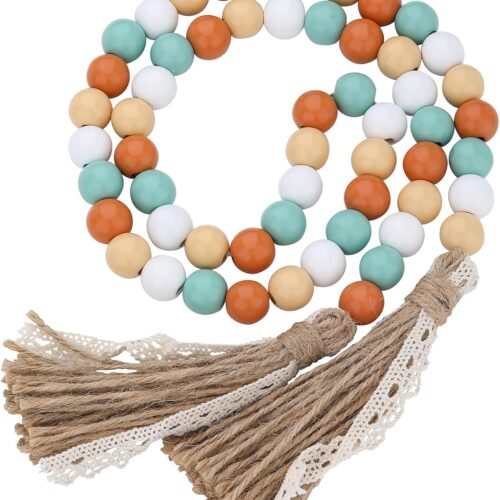 WF8032MAX_1 Fall Decorations Harvest Wood Bead Garland with Tassel, Home Farmhouse Tiered Tray Decor with Jute Rope Plaid Tassel Rustic Fall Décor for Mantle Porch Door Shelf Orange White Rae Dunn Autumn Beads
