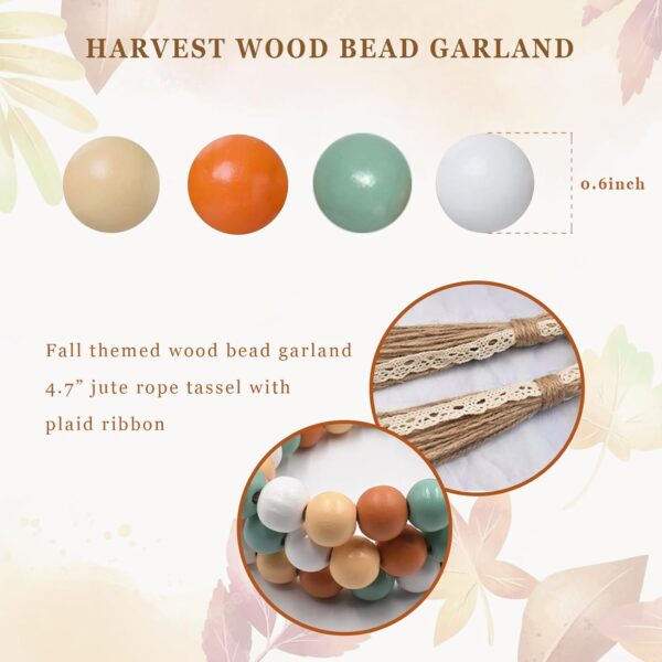 Fall Decorations Harvest Wood Bead Garland with Tassel, Home Farmhouse Tiered Tray Decor with Jute Rope Plaid Tassel Rustic Fall Décor for Mantle Porch Door Shelf Orange White Rae Dunn Autumn Beads 2
