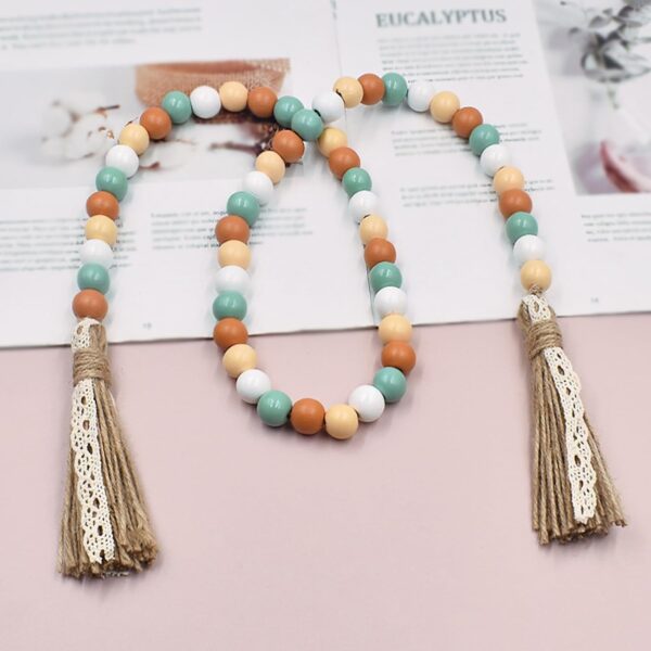Fall Decorations Harvest Wood Bead Garland with Tassel, Home Farmhouse Tiered Tray Decor with Jute Rope Plaid Tassel Rustic Fall Décor for Mantle Porch Door Shelf Orange White Rae Dunn Autumn Beads 3