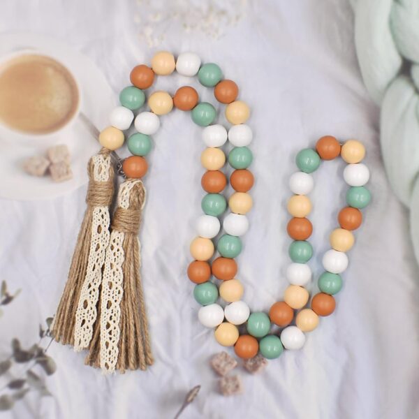 Fall Decorations Harvest Wood Bead Garland with Tassel, Home Farmhouse Tiered Tray Decor with Jute Rope Plaid Tassel Rustic Fall Décor for Mantle Porch Door Shelf Orange White Rae Dunn Autumn Beads 4
