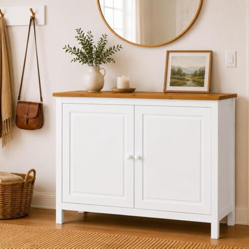 WF8087MAX_1 From the Tree Furniture 44" Wide White & Pine Top Solid Pine Shaker Sideboard Buffet Cabinet — 2 Doors Adjustable Shelf — No Drawer · Anti-Tip Included — Two-Tone Farmhouse Finish