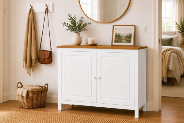 From the Tree Furniture 44" Wide White & Pine Top Solid Pine Shaker Sideboard Buffet Cabinet — 2 Doors Adjustable Shelf — No Drawer · Anti-Tip Included — Two-Tone Farmhouse Finish 1