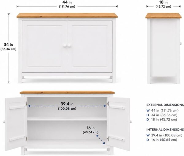 From the Tree Furniture 44" Wide White & Pine Top Solid Pine Shaker Sideboard Buffet Cabinet — 2 Doors Adjustable Shelf — No Drawer · Anti-Tip Included — Two-Tone Farmhouse Finish 2