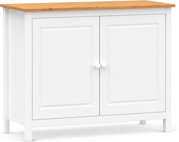 From the Tree Furniture 44" Wide White & Pine Top Solid Pine Shaker Sideboard Buffet Cabinet — 2 Doors Adjustable Shelf — No Drawer · Anti-Tip Included — Two-Tone Farmhouse Finish 4