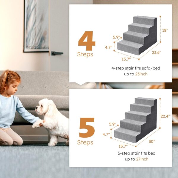 Heeyoo Dog Stairs for Small Dogs,5-Step Dog Steps for High Bed and Couch, High-Density Foam Pet Steps with Supporting Board, Non-Slip Removable Washable Cover, Grey 2