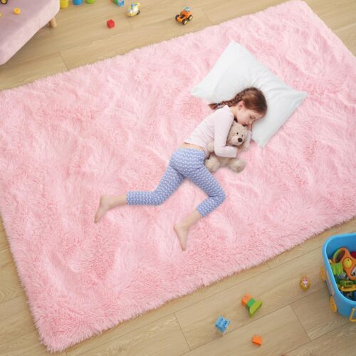 WF9318MAX_1 Ultra Soft Pink Rugs for Bedroom 4x6 Feet, Fluffy Shag Area Rugs for Living Room, Large Comfy Furry Rug for Girls Kids Baby Room Decor, Non Slip Nursery Modern Indoor Fuzzy Floor Carpet