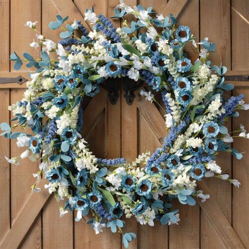 1 22 Inch Spring Wreath Blue with Green Leaves Wreaths Blue Daisy Artificial Grains White Flower Wreath for Front Door Wreaths, Summer Farmhouse Decor Indoor&Outdoor Wedding Wall Home