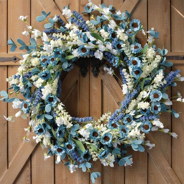 22 Inch Spring Wreath Blue with Green Leaves Wreaths Blue Daisy Artificial Grains White Flower Wreath for Front Door Wreaths, Summer Farmhouse Decor Indoor&Outdoor Wedding Wall Home 1