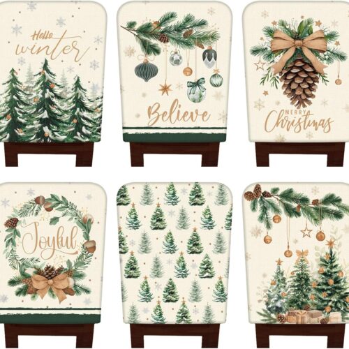 6 Pcs Christmas Chair Covers Winter Wonderland Chair Back Covers Vintage Xmas Seat Slipcovers Washable Winter Dining Room Seat Protector for Home Hotel Kitchen Decorations