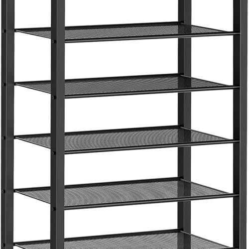 1 10 Tier Shoe Rack, Large Capacity Shoe Storage for 18-20 Pairs, Sturdy Metal Shoe Shelf for Closet Entryway, Space Saving Shoe Organizer for Sneakers Heels, Rustic Brown BF40XJ01