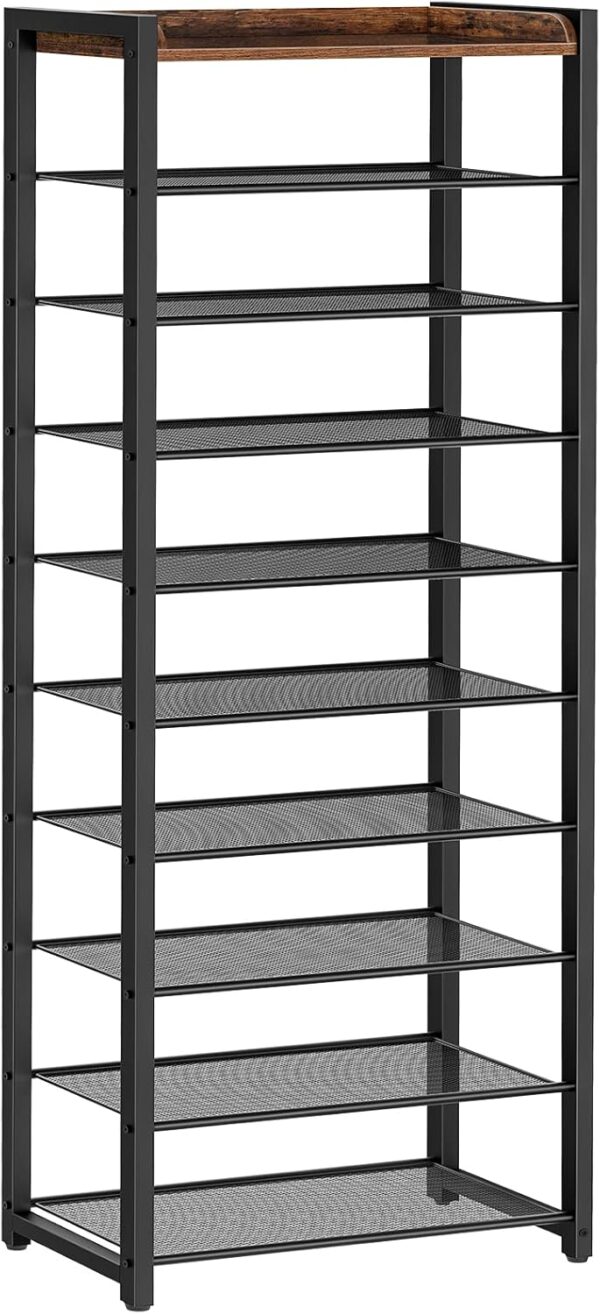 10 Tier Shoe Rack, Large Capacity Shoe Storage for 18-20 Pairs, Sturdy Metal Shoe Shelf for Closet Entryway, Space Saving Shoe Organizer for Sneakers Heels, Rustic Brown BF40XJ01 1