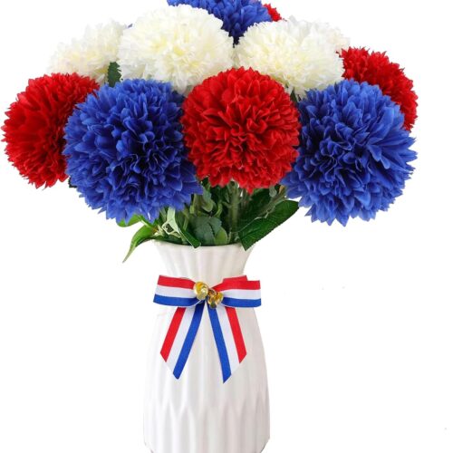 1 12 Pcs Artificial Chrysanthemums Flowers Patriotic Flower, 4th of July Fake Mums Flowers Silk for Home Decor Indoor Memorial Day Table Centerpiece Vase not Included (12, Red, White, Blue)