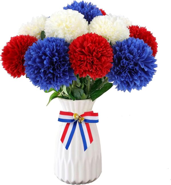 12 Pcs Artificial Chrysanthemums Flowers Patriotic Flower, 4th of July Fake Mums Flowers Silk for Home Decor Indoor Memorial Day Table Centerpiece Vase not Included (12, Red, White, Blue) 1