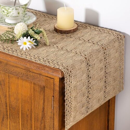 1 Boho Table Runner Summer Farmhouse Burlap Jute Bamboo Rustic Dining Kitchen Centerpiece Decor Small Macrame Woven Coffee Table Runner for Dresser Scarf Home Decor 12x48 inch