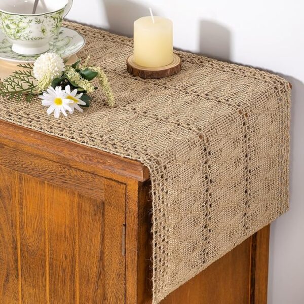 Boho Table Runner Summer Farmhouse Burlap Jute Bamboo Rustic Dining Kitchen Centerpiece Decor Small Macrame Woven Coffee Table Runner for Dresser Scarf Home Decor 12x48 inch 1