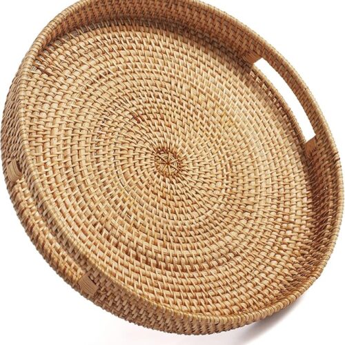 Coffee Table Tray Round Rattan Ottoman Tray Woven Serving Trays with Handles for Home and Kitchen Decorative Natural (Large 14 inch x 2.4 inch)