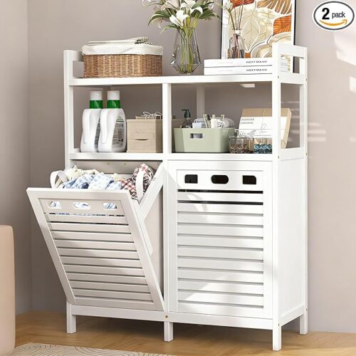 Out Laundry Hamper Cabinet, Bamboo Double Laundry Hamper with 2 Removable Laundry Baskets, 20 Gal Laundry Sorter Organizer with Shelf for Dirty Clothes, Bathroom, Laundry Room, White