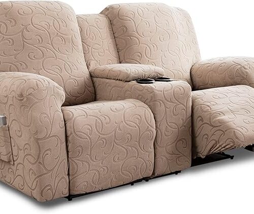 Recliner Loveseat Cover with Center Console, 2 Seater Jacquard Recliner Sofa Slipcover with Pockets Washable Stretch Reclining Couch Covers Furniture Protector with Elastic Straps