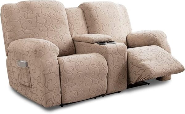 Recliner Loveseat Cover with Center Console, 2 Seater Jacquard Recliner Sofa Slipcover with Pockets Washable Stretch Reclining Couch Covers Furniture Protector with Elastic Straps 1
