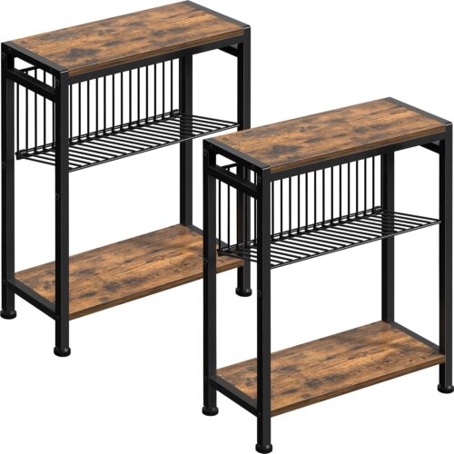WF0297MAX_1 Small Side Table Set of 2 for Small Space, 3-Tier Narrow End Table with Magazine Holder, Slim Nightstand, Skinny Snack Couch Table in Living Room, Bedroom and Balcony (Rustic Brown &Black)