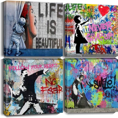 Biufo Banksy Canvas Wall Art Artwork Graffiti Street Print Pictures for Bedroom Living Room Wall Decor (12"x12"x4Pcs)