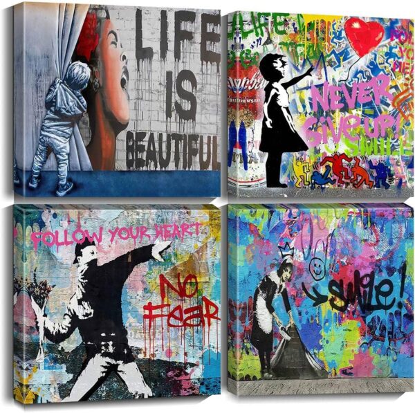 Biufo Banksy Canvas Wall Art Artwork Graffiti Street Print Pictures for Bedroom Living Room Wall Decor (12"x12"x4Pcs) 1