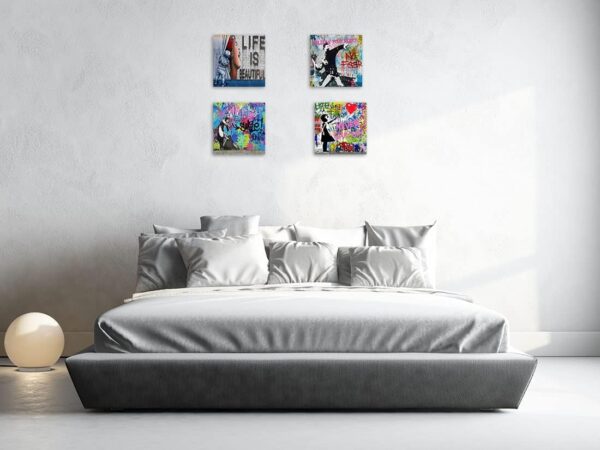 Biufo Banksy Canvas Wall Art Artwork Graffiti Street Print Pictures for Bedroom Living Room Wall Decor (12"x12"x4Pcs) 3
