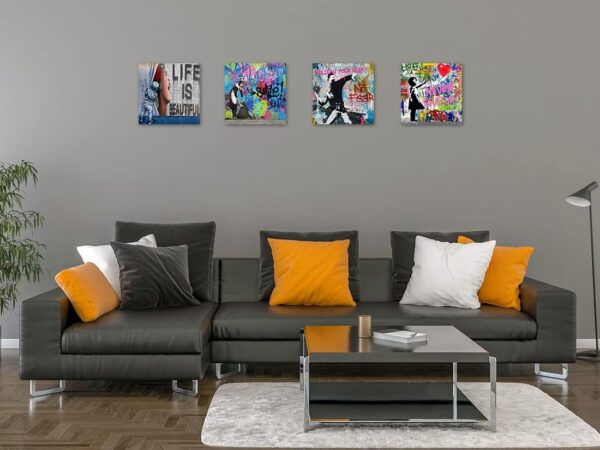 Biufo Banksy Canvas Wall Art Artwork Graffiti Street Print Pictures for Bedroom Living Room Wall Decor (12"x12"x4Pcs) 4