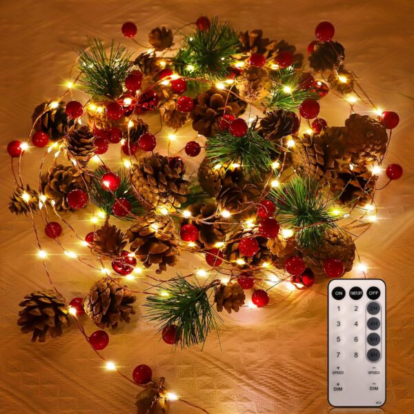 Christmas Garland with Lights, 9.8 Ft 60 LED Red Berry Pine Cone Battery Operated Christmas Garland with 8 Modes Remote for Fireplace Stairs Table Door Wall Xmas Tree Indoor/Outdoor Decor 1