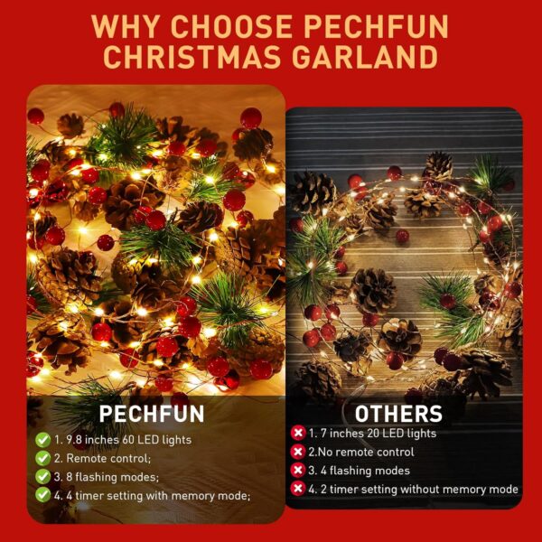 Christmas Garland with Lights, 9.8 Ft 60 LED Red Berry Pine Cone Battery Operated Christmas Garland with 8 Modes Remote for Fireplace Stairs Table Door Wall Xmas Tree Indoor/Outdoor Decor 3