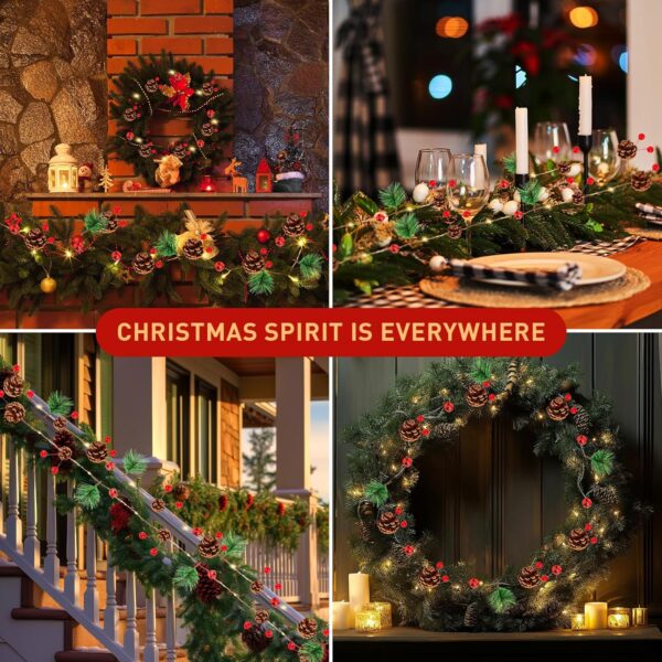 Christmas Garland with Lights, 9.8 Ft 60 LED Red Berry Pine Cone Battery Operated Christmas Garland with 8 Modes Remote for Fireplace Stairs Table Door Wall Xmas Tree Indoor/Outdoor Decor 4