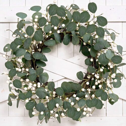 WF10330MAX_1 Green Eucalyptus Wreath 22inch Greenery Wreaths for Front Door Artificial Winter Wreath with Green Eucalyptus Leaves White Berries for Winter Christmas Window Wall Indoor Holiday Decoration
