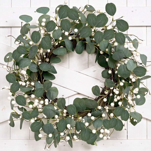Green Eucalyptus Wreath 22inch Greenery Wreaths for Front Door Artificial Winter Wreath with Green Eucalyptus Leaves White Berries for Winter Christmas Window Wall Indoor Holiday Decoration 1