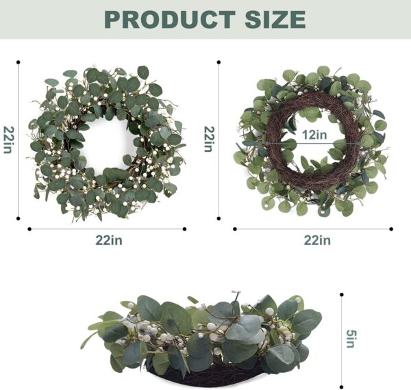 Green Eucalyptus Wreath 22inch Greenery Wreaths for Front Door Artificial Winter Wreath with Green Eucalyptus Leaves White Berries for Winter Christmas Window Wall Indoor Holiday Decoration 3