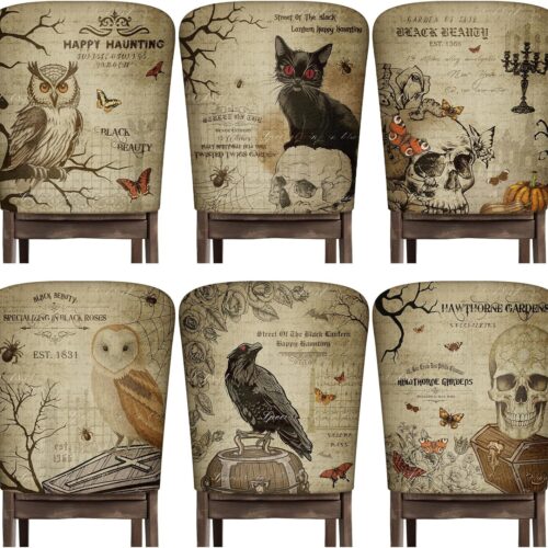 WF10705MAX_1 Moukeren 6 Pcs Gothic Chair Cover Set Gothic Halloween Decor Stretch Dining Chair Back Covers Skeleton Black Cat Bat Owl Seat Covers Horror Home Farmhouse Dining Seat Protector for Kitchen Decor